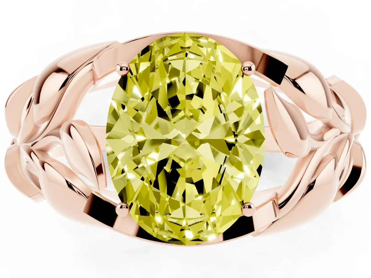Fancy Yellow Oval Cut Diamond Leaf-Inspired Engagement Ring with Round Accents and Prong Setting Rose gold