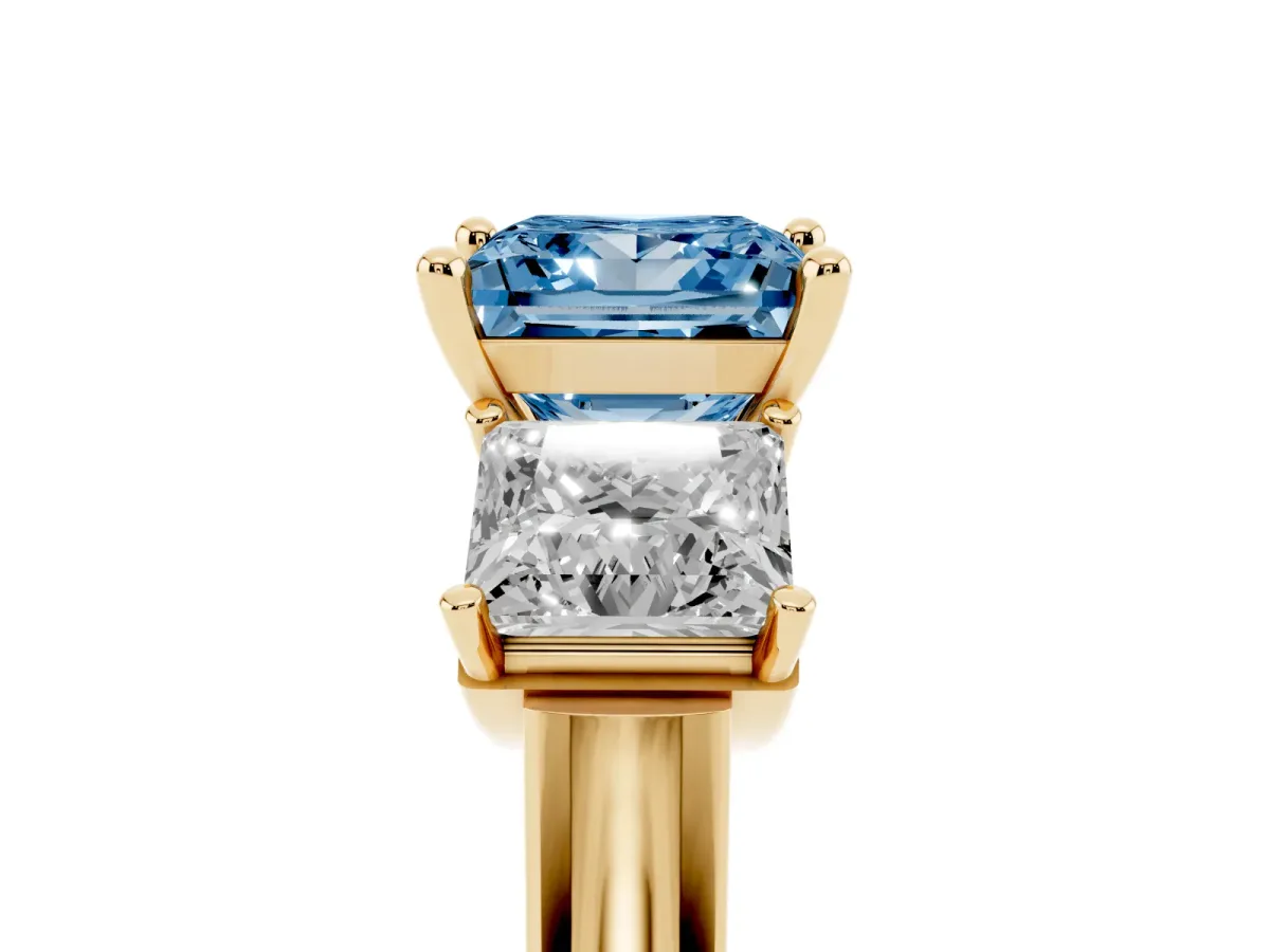 Fancy Blue Three-Stone Princess Cut Brilliant Diamond Trellis Ring with Comfort Fit Band Yellow gold