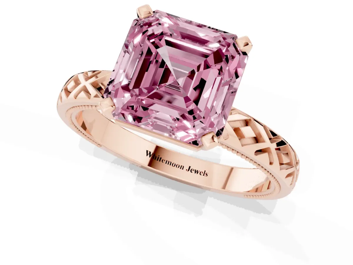 Fancy Pink Asscher Cut Solitaire Diamond Ring with Milgrain and Black Enamel X Pattern Band Rose gold
