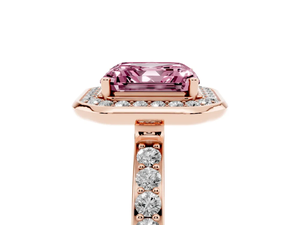 Fancy Pink Asscher Cut Diamond Halo Ring with Bezel Frame and Pavé Band Rose gold