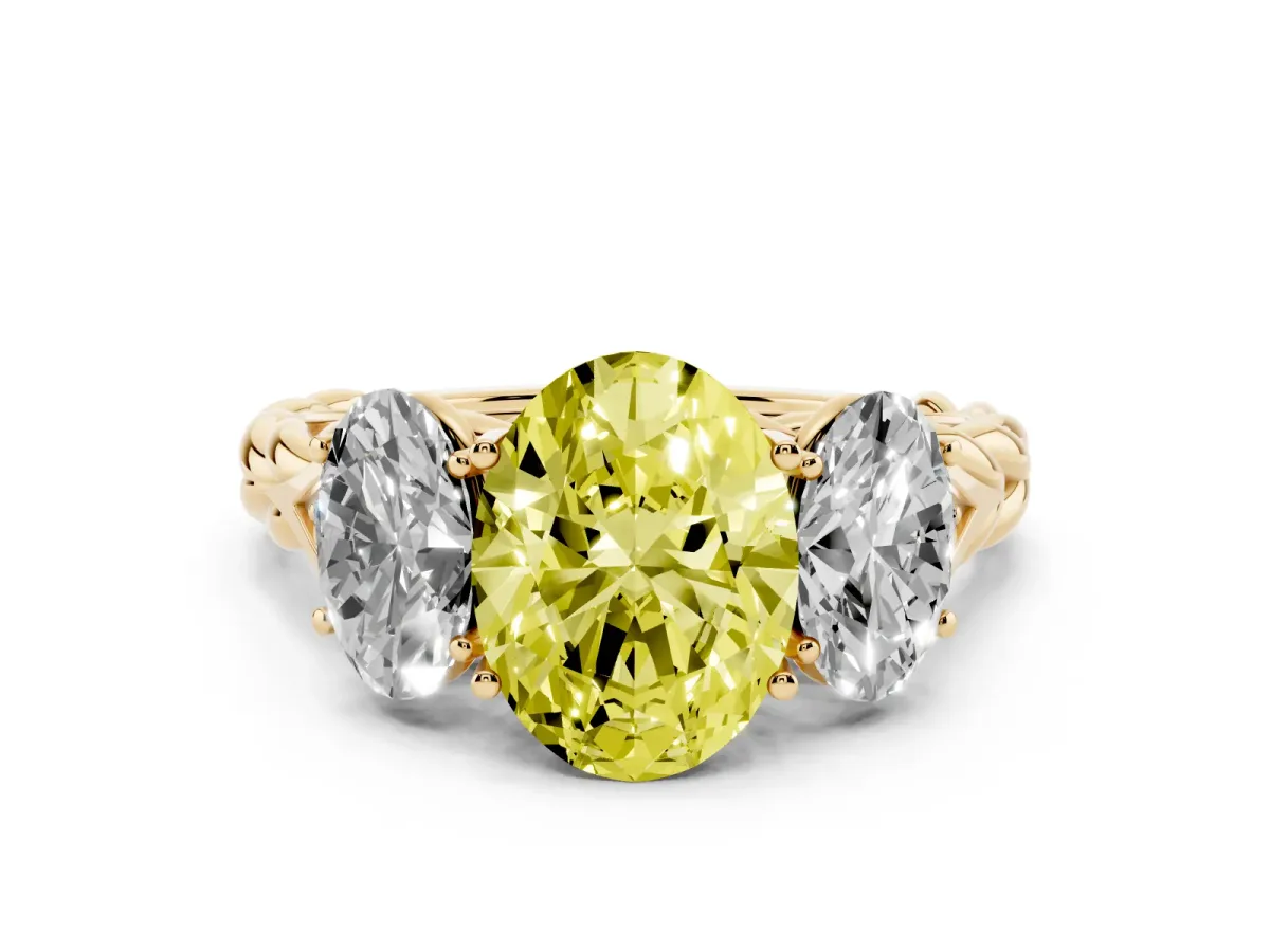 Fancy Yellow Three-Stone Oval Cut Diamond Braided Band Ring with Four-Prong Setting Yellow gold