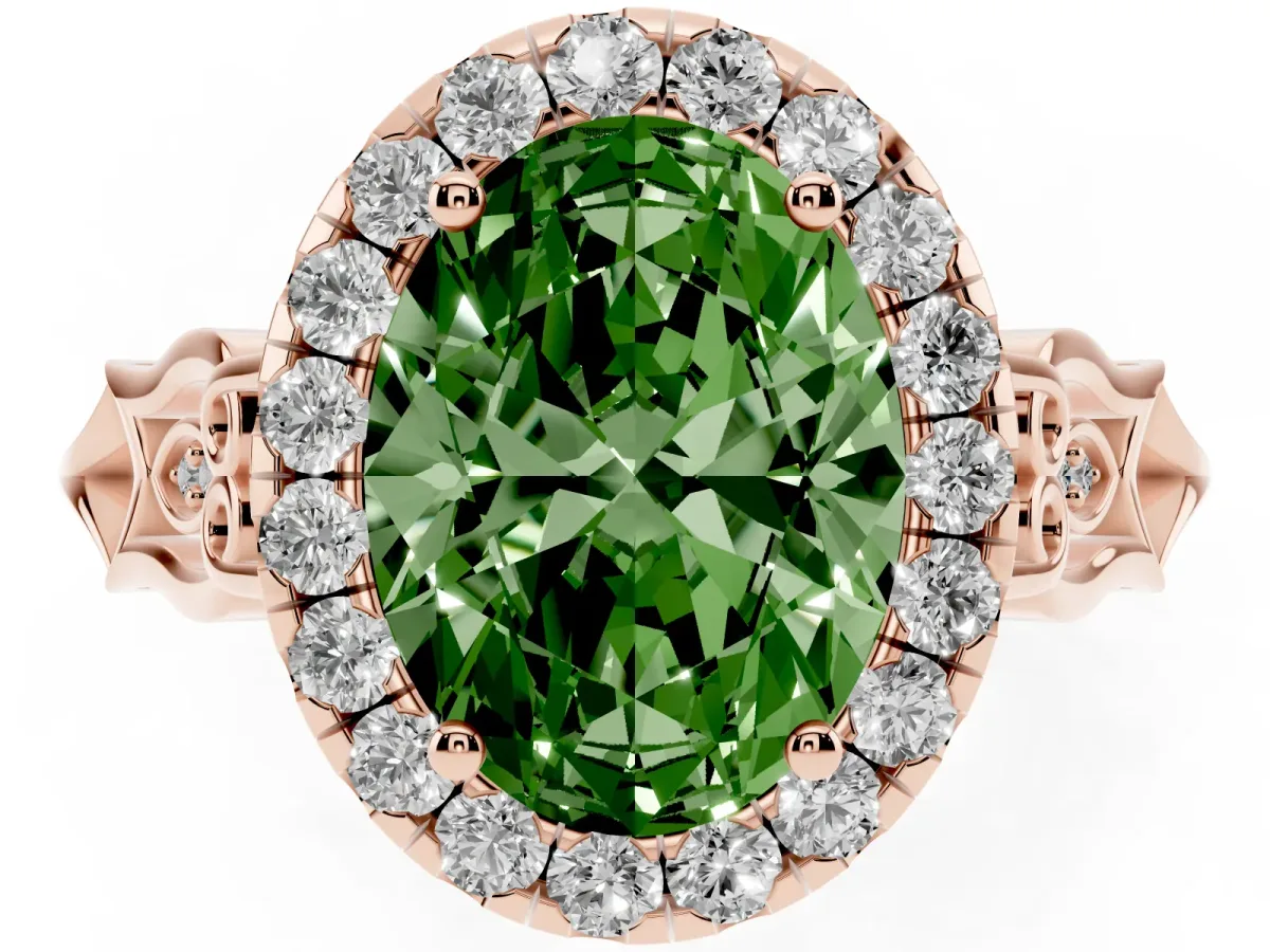Fancy Green Oval Cut Halo Diamond Engagement Ring with Filigree Band and Four-Prong Setting Rose gold