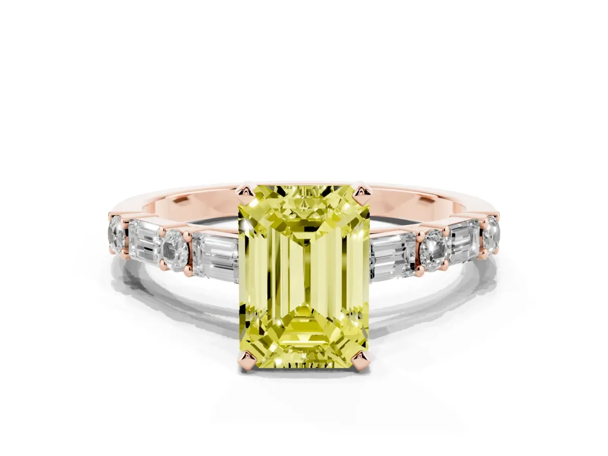 Fancy Yellow Emerald Cut Diamond Solitaire with Side Baguettes and Channel Set Band Rose gold