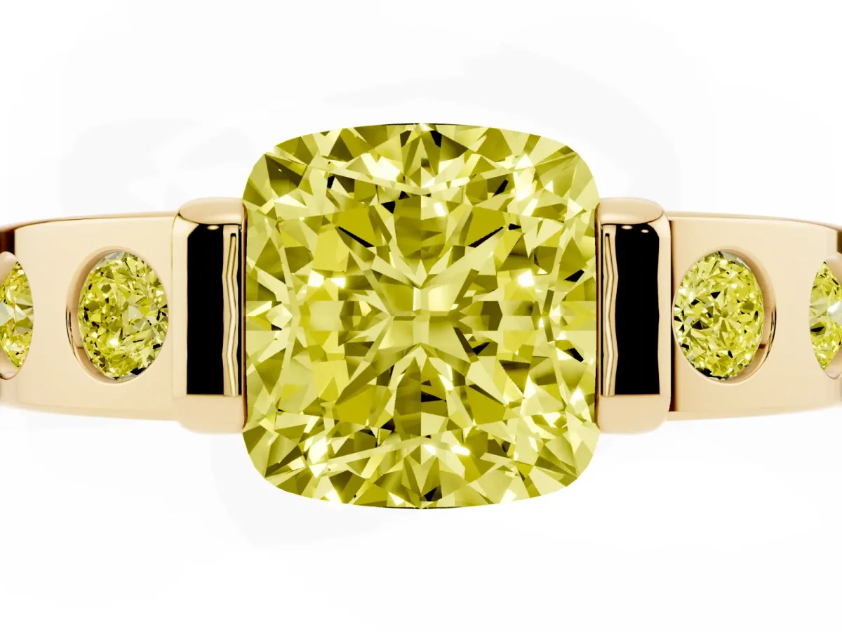 Fancy Yellow Cushion Cut Brilliant Channel-Set Diamond Ring with Bezel Prong Setting Yellow gold