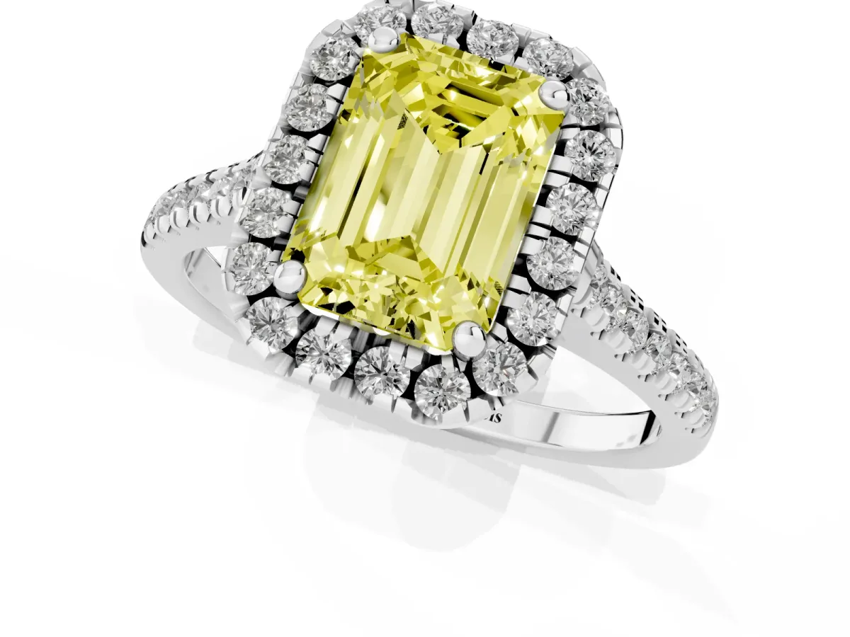 Fancy Yellow Emerald Cut Diamond Cushion Halo Ring with Pavé Band Silver