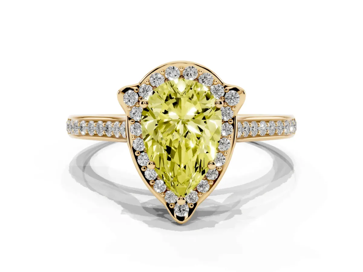 Fancy Yellow Pear Cut Halo Round Diamond Pave Band with Four-Prong Setting Yellow gold