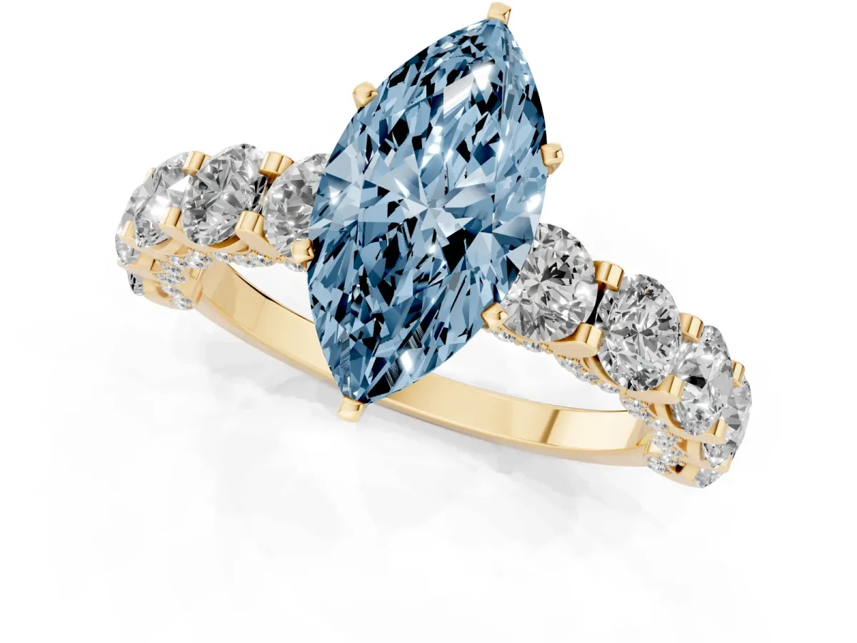 Fancy Blue Marquise Cut Diamond Side Stone Engagement Ring with Four-Prong Setting Yellow gold