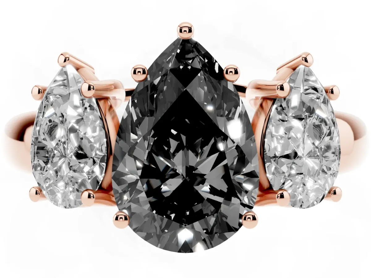 Fancy Black Three-Stone Pear Cut Diamond Engagement Ring with Prong Setting Rose gold