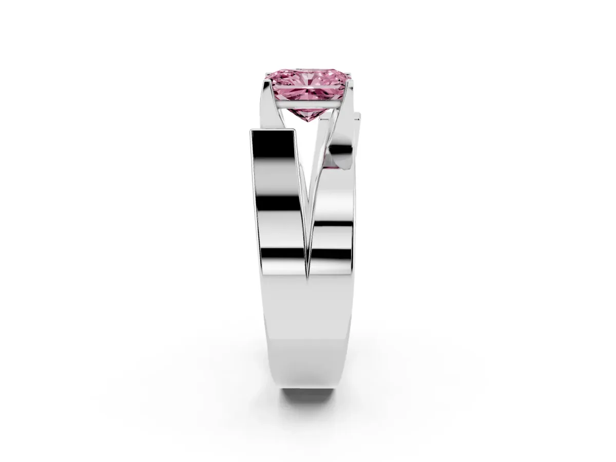 Fancy Pink Modern Tension Set Radiant Cut Diamond Solitaire Wide Band Ring Silver