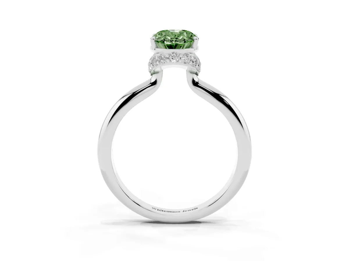 Fancy Green Oval Cut Brilliant Solitaire Engagement Ring with Six-Prong Setting and Classic Band Silver