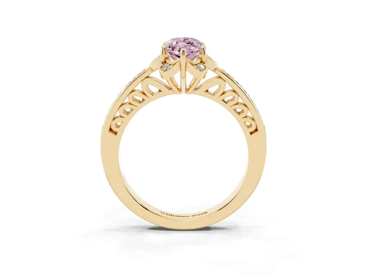 Fancy Pink Marquise Cut Cut Halo Diamond Ring with Channel Set Band and Four-Prong Setting Yellow gold