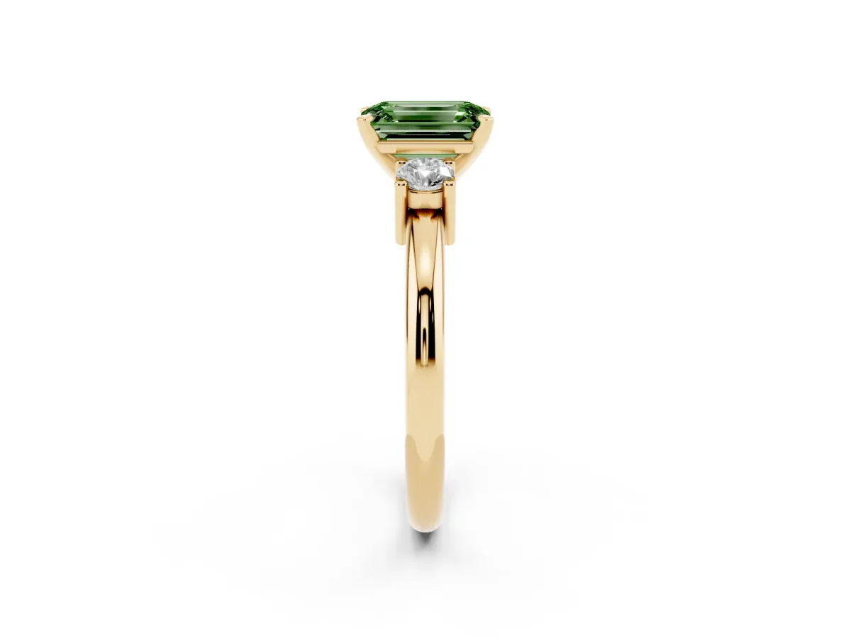 Fancy Green Three-Stone Emerald Cut Cut Diamond Solitaire with Prong Setting and Classic Band Yellow gold