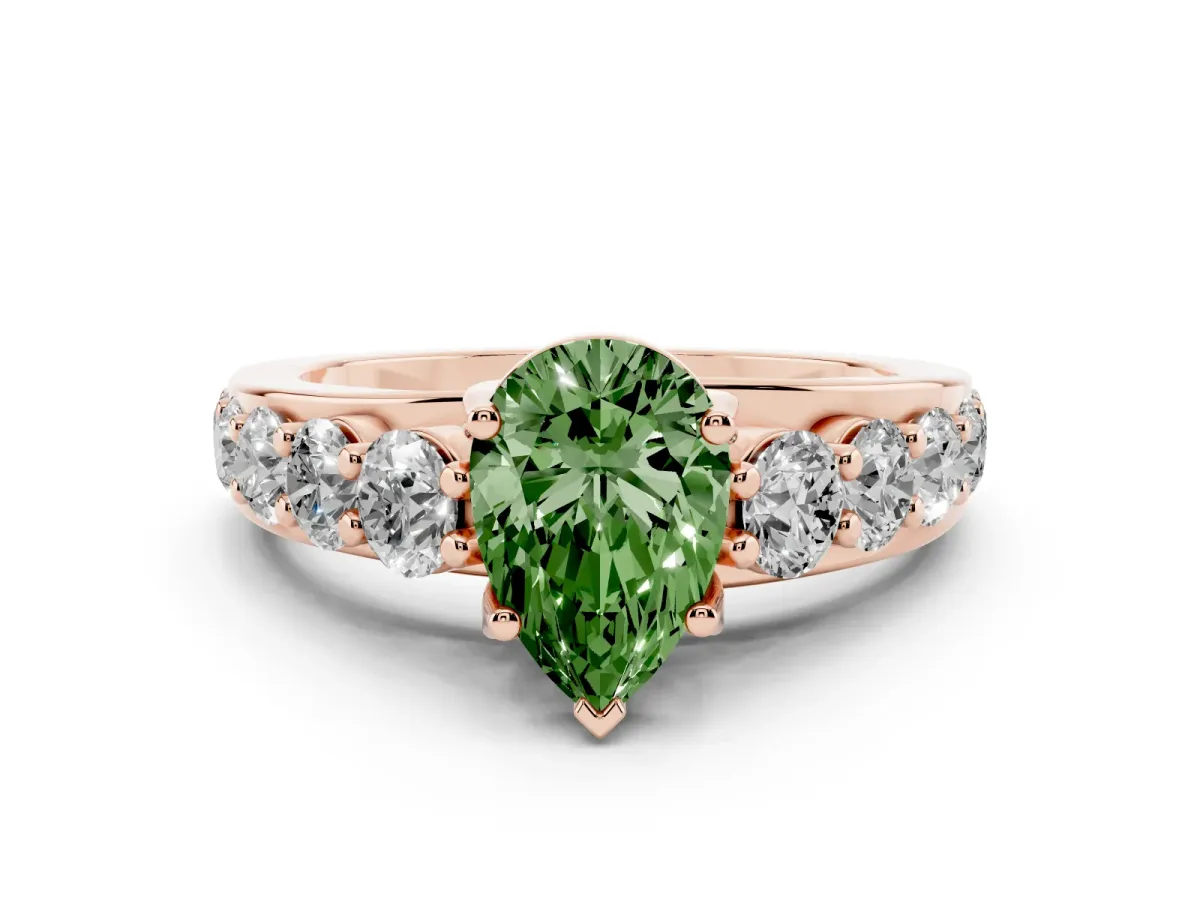 Fancy Green Pear Cut Diamond Engagement Ring with Pavé Band and Four-Prong Setting Rose gold