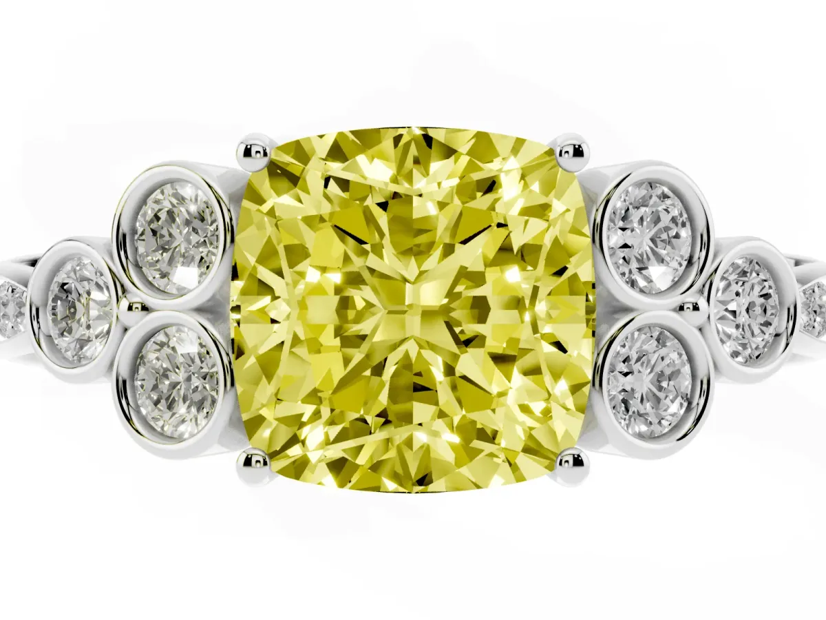 Fancy Yellow Cushion Cut Cut Diamond Engagement Ring with Bezel Set Round Side Stones and Prong Setting Platinum