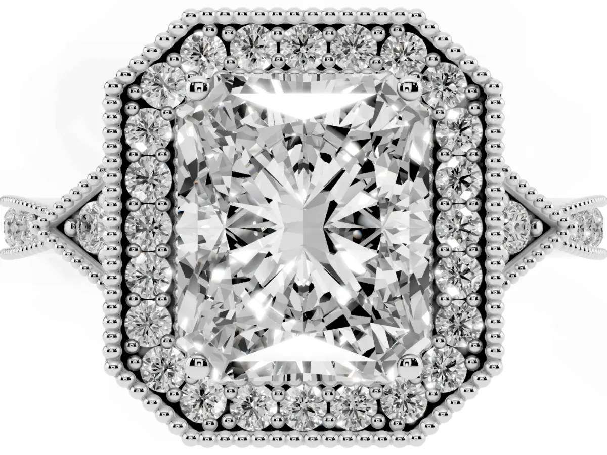 Radiant Cut Halo Round Diamond Milgrain Pave Engagement Ring Silver