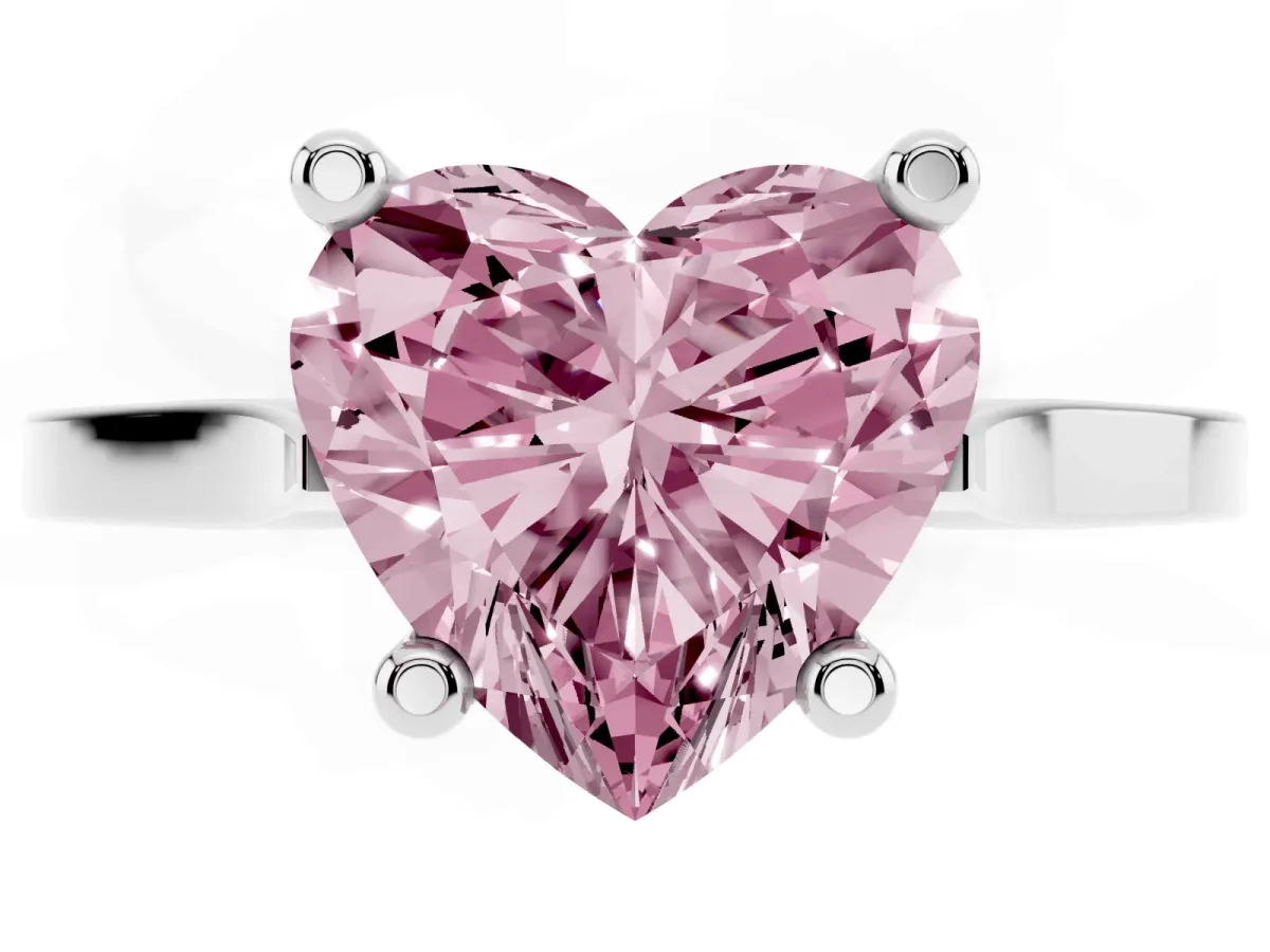 Fancy Pink Heart Cut Solitaire Diamond Ring with Four-Prong Setting and Tapered Band Silver