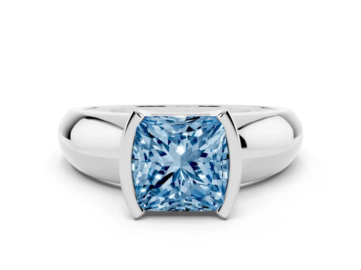 Fancy Blue Princess Cut Solitaire Tension Set Diamond Ring with Wide Band Silver