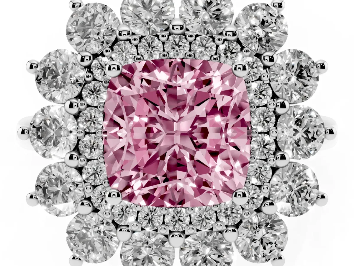 Fancy Pink Cushion Cut Diamond Floral Double Halo Engagement Ring with Prong Setting Silver