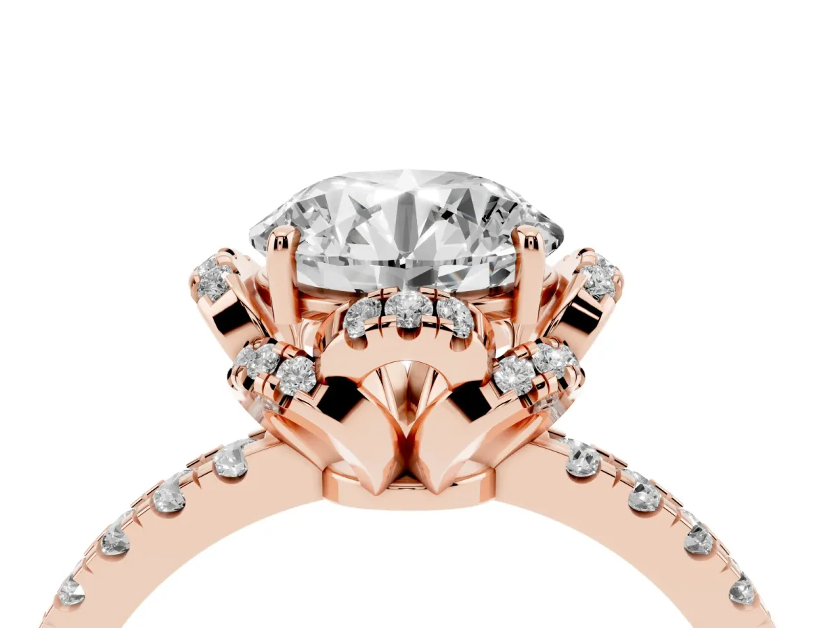 Round Cut Halo Diamond Pave Band Ring with Four-Prong Setting Rose gold
