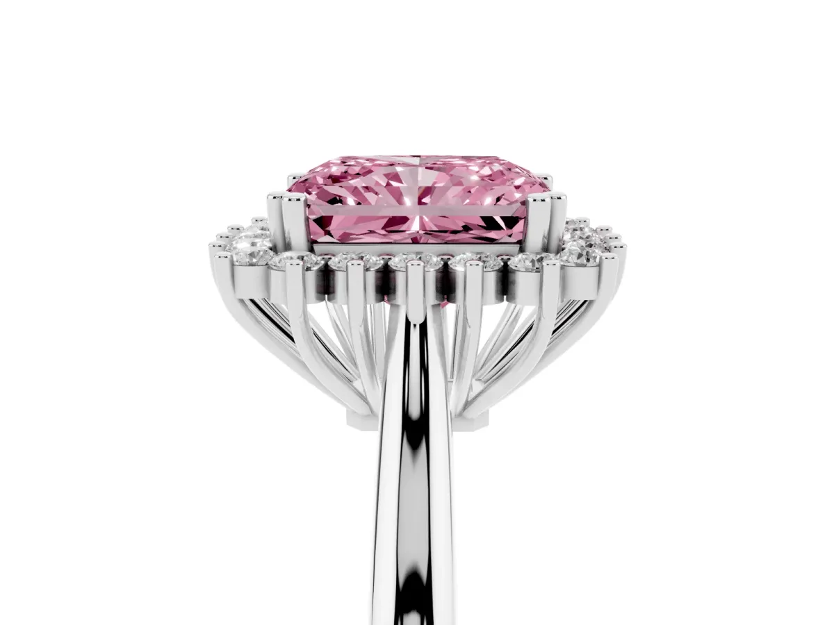 Fancy Pink Radiant Cut Cut Diamond Halo Ring with Solitaire Band and Prong Setting Platinum
