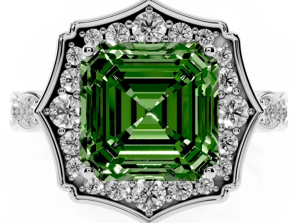 Fancy Green Asscher Cut Halo Diamond Engagement Ring with Milgrain Band and Four-Prong Setting Platinum