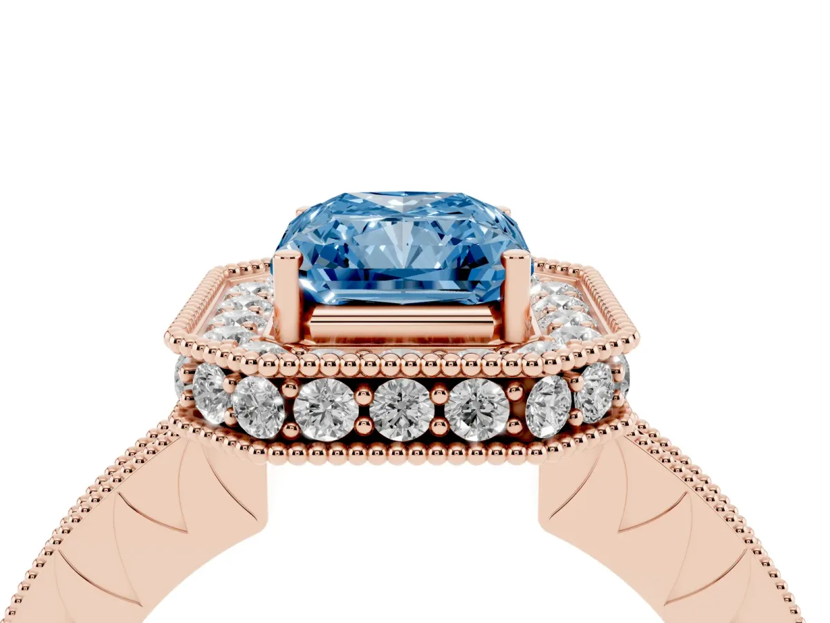Fancy Blue Radiant Cut Diamond Milgrain Halo Engagement Ring with Round Pavé Band and Prong Setting Rose gold