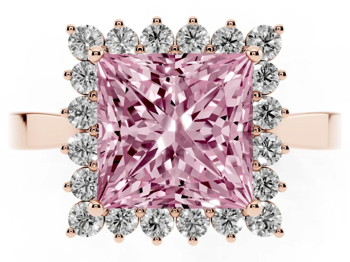 Fancy Pink Princess Cut Cut Diamond Halo Ring with Round Brilliant Halo and Solitaire Band Rose gold
