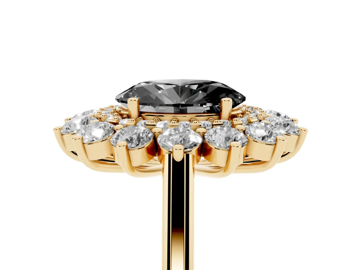 Fancy Black Oval Cut Diamond Floral Double Halo Engagement Ring with Prong Setting Yellow gold