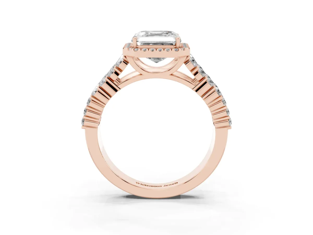 Asscher Cut Diamond Halo Engagement Ring with Triple Row Round Pavé Band and Prong Setting Rose gold