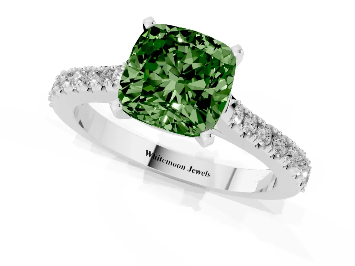 Fancy Green Cushion Cut Cut Solitaire Diamond Engagement Ring with Pave Band and Four-Prong Setting Platinum
