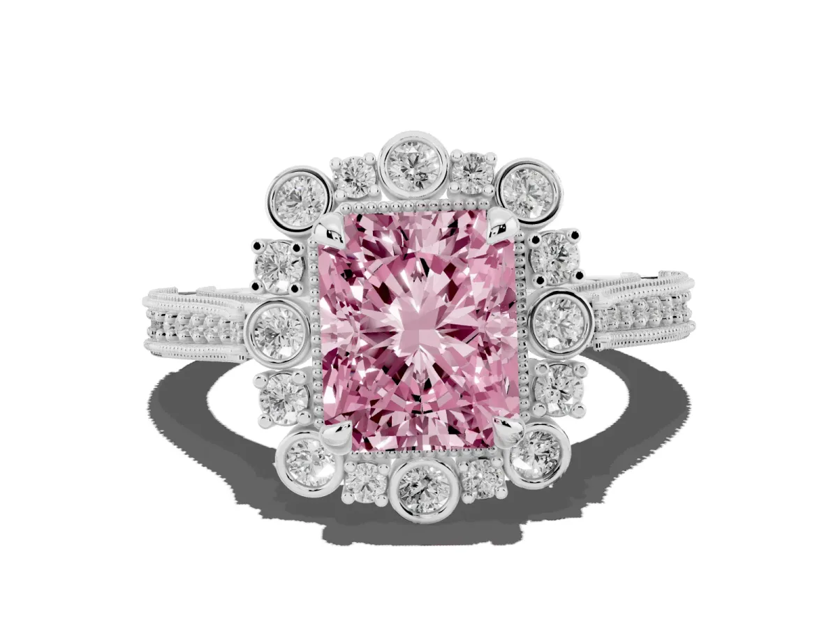 Fancy Pink Radiant Cut Halo Milgrain Pave Diamond Ring with Four-Prong Setting Silver