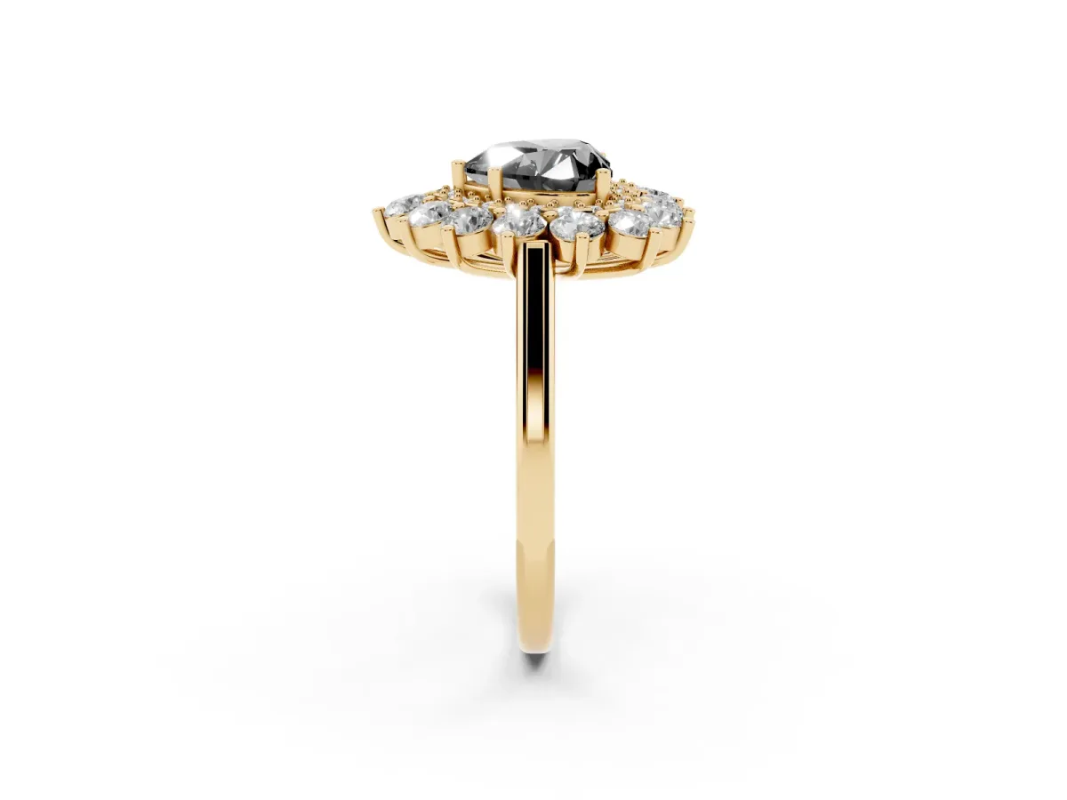 Fancy Black Heart Cut Diamond Floral Double Halo Engagement Ring with Prong Setting Yellow gold