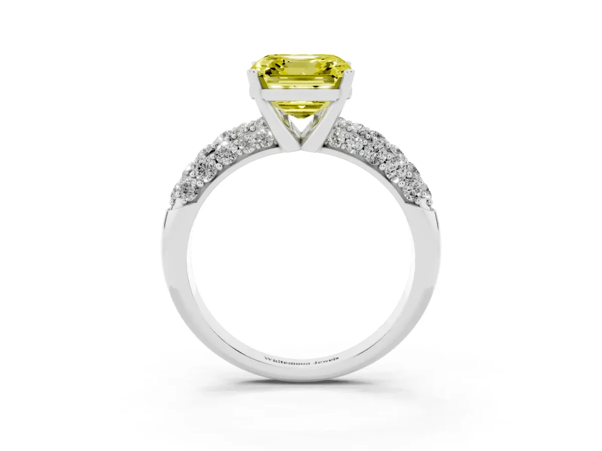 Fancy Yellow Asscher Cut Diamond Pavé Band Solitaire Ring with Four-Prong Setting Platinum