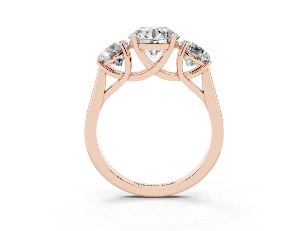 Three-Stone Round Cut Cut Solitaire Ring with Classic Band and Prong Setting Rose gold