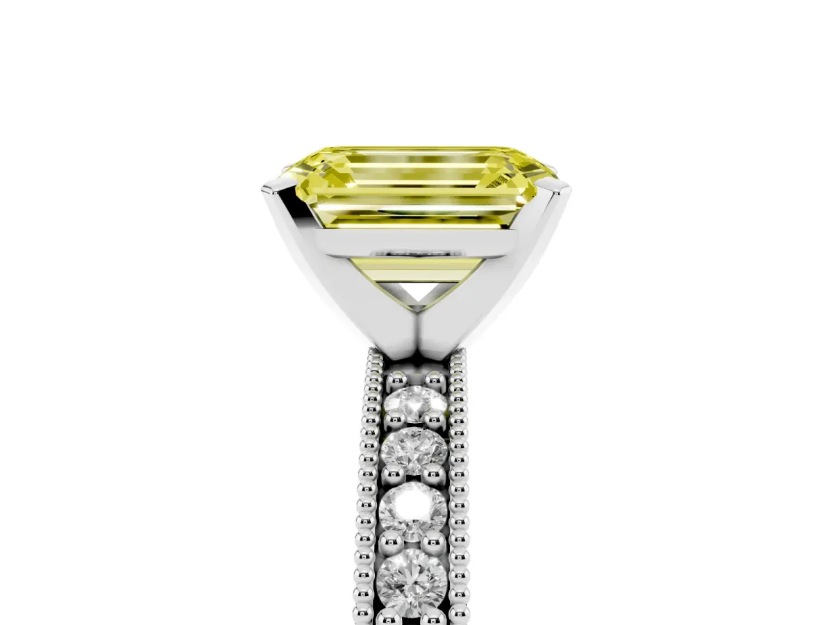 Fancy Yellow Emerald Cut Diamond Milgrain Pavé Engagement Ring with Four-Prong Setting Silver