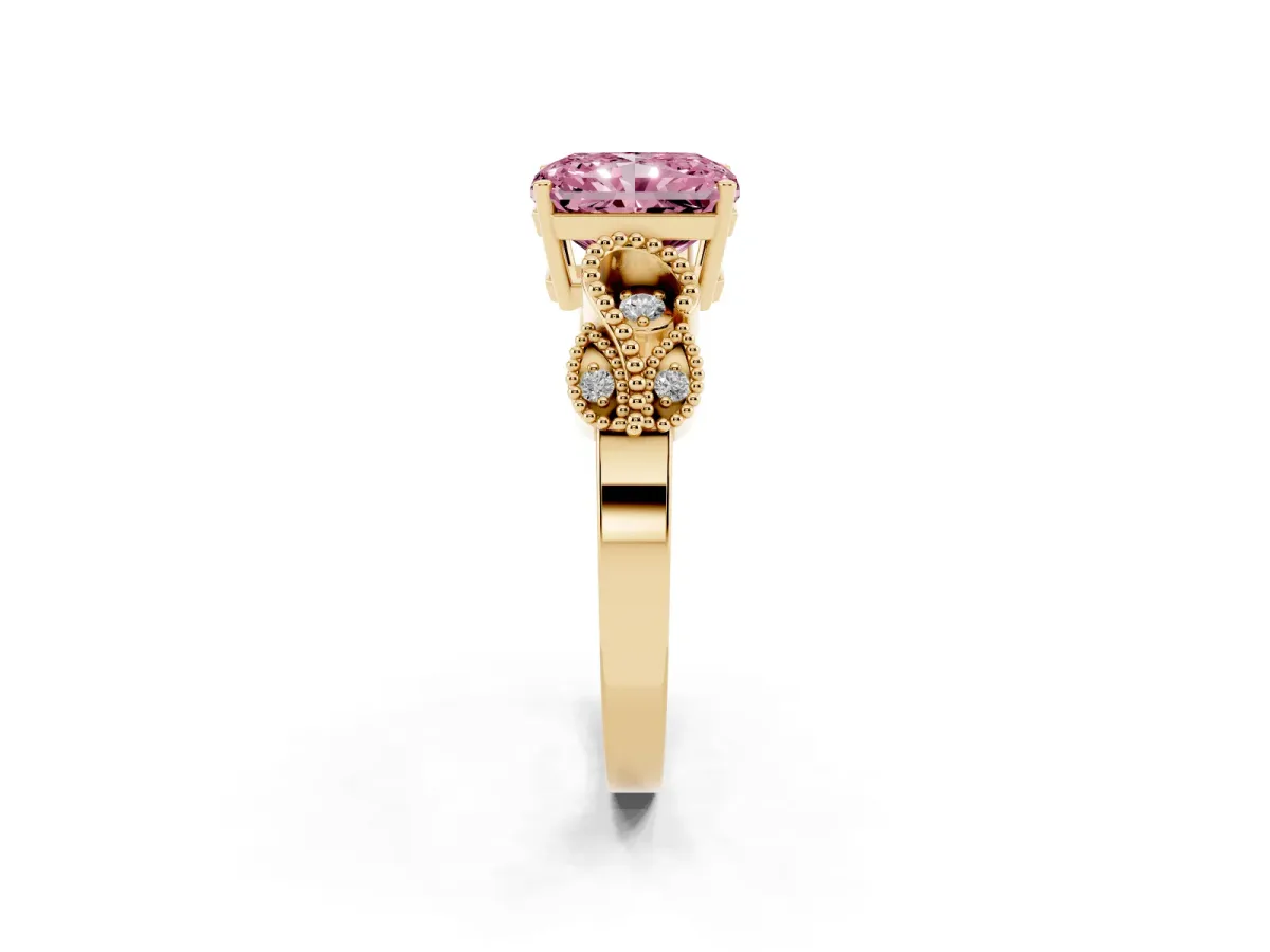 Fancy Pink Princess Cut Solitaire Milgrain Leaf Band with Prong Setting Yellow gold