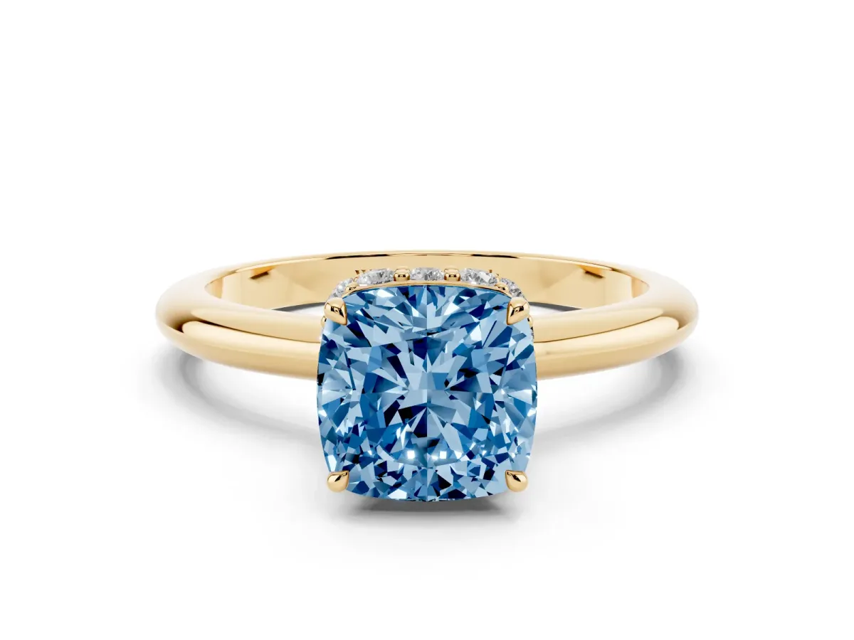 Fancy Blue Cushion Cut Brilliant Solitaire Engagement Ring with Six-Prong Setting and Classic Band Yellow gold