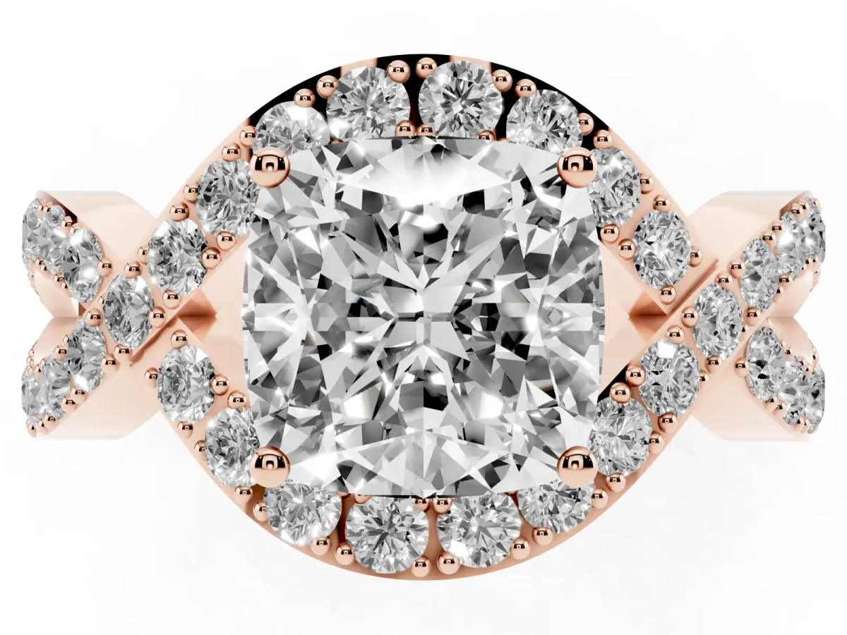 Cushion Cut Solitaire Twist Band Pavé Diamond Engagement Ring Rose gold