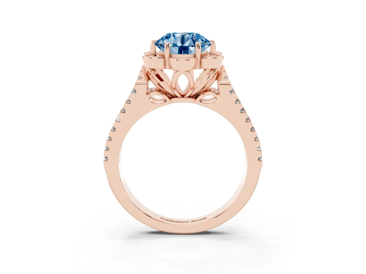 Fancy Blue Round Cut Halo Diamond Floral Split Shank Engagement Ring Rose gold