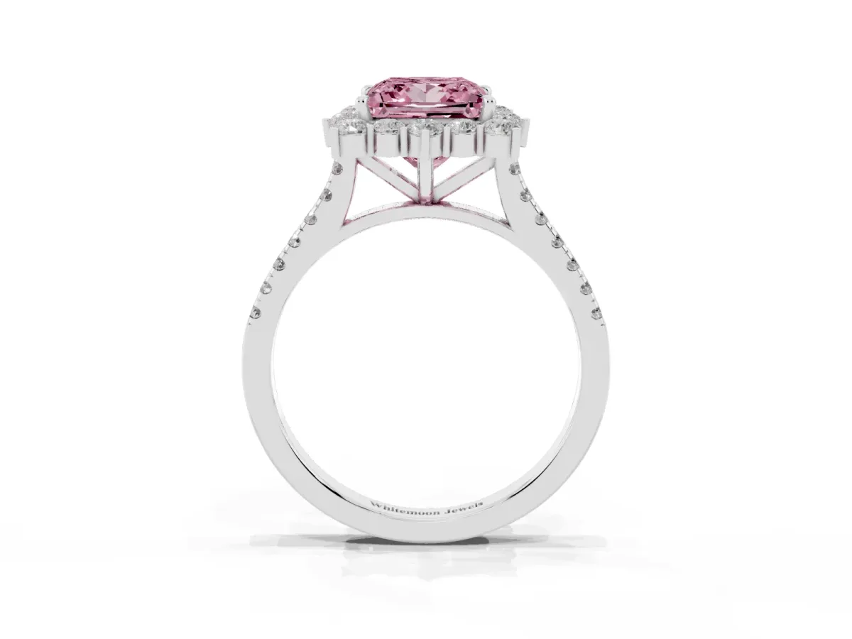 Fancy Pink Princess Cut Halo Diamond Ring with Pavé Band and Prong Setting Silver