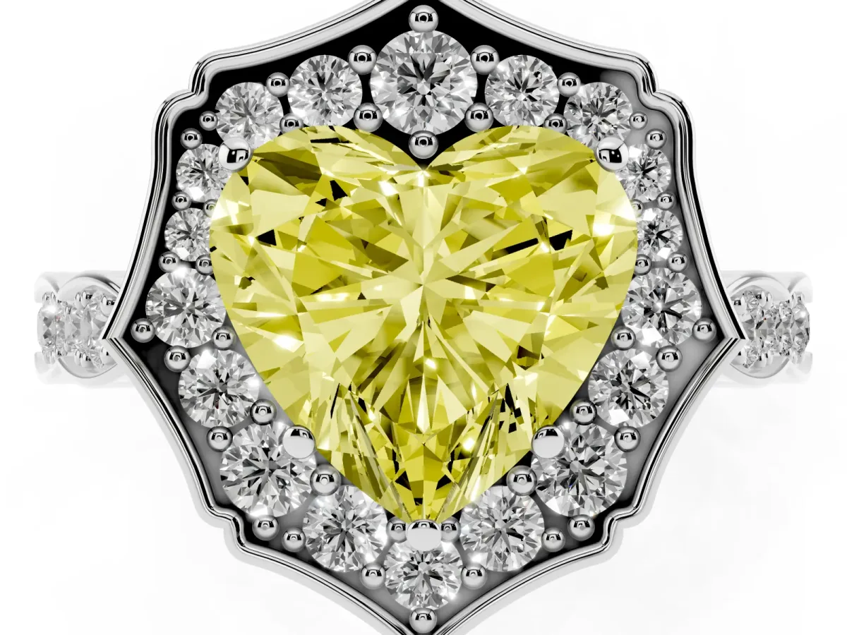 Fancy Yellow Heart Cut Halo Diamond Engagement Ring with Milgrain Band and Four-Prong Setting Platinum