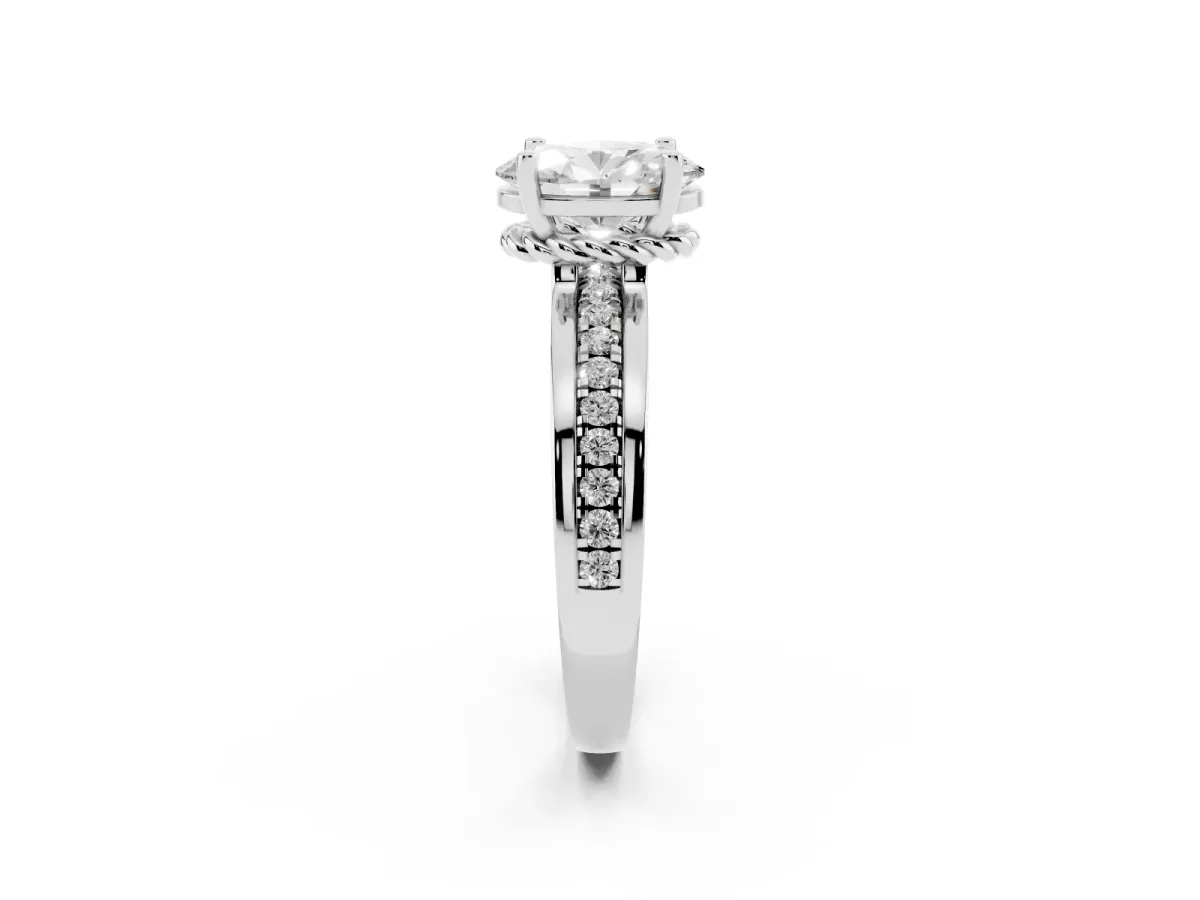 Oval Cut Solitaire Diamond Ring with Channel Set Band and Six-Prong Setting Silver