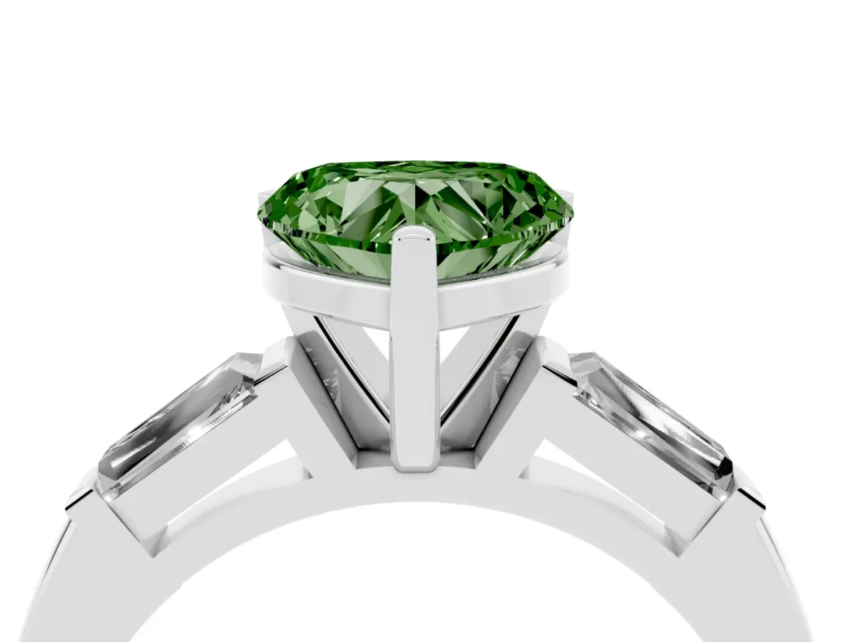 Fancy Green Heart Cut Solitaire with Tapered Baguette Side Stones on a Classic Band with Four-Prong Setting Silver