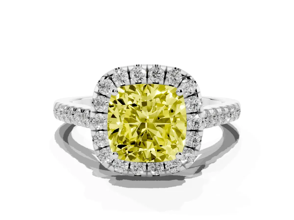 Fancy Yellow Cushion Cut Halo Pave Diamond Engagement Ring with Four-Prong Setting White gold