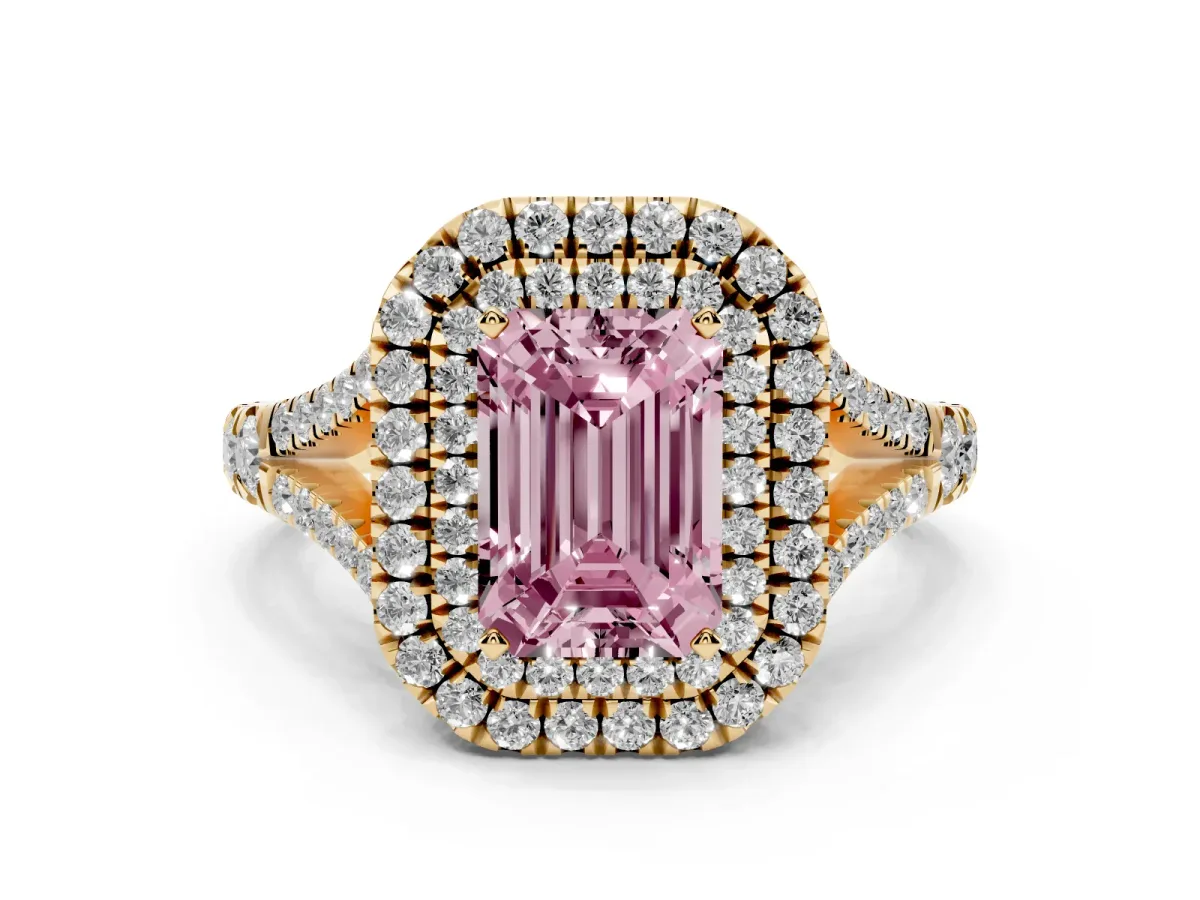 Fancy Pink Emerald Cut Diamond Pavé Split Shank Double Halo Engagement Ring Yellow gold