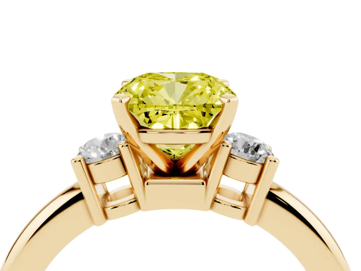 Fancy Yellow Three-Stone Cushion Cut Cut Diamond Solitaire with Prong Setting and Classic Band Yellow gold