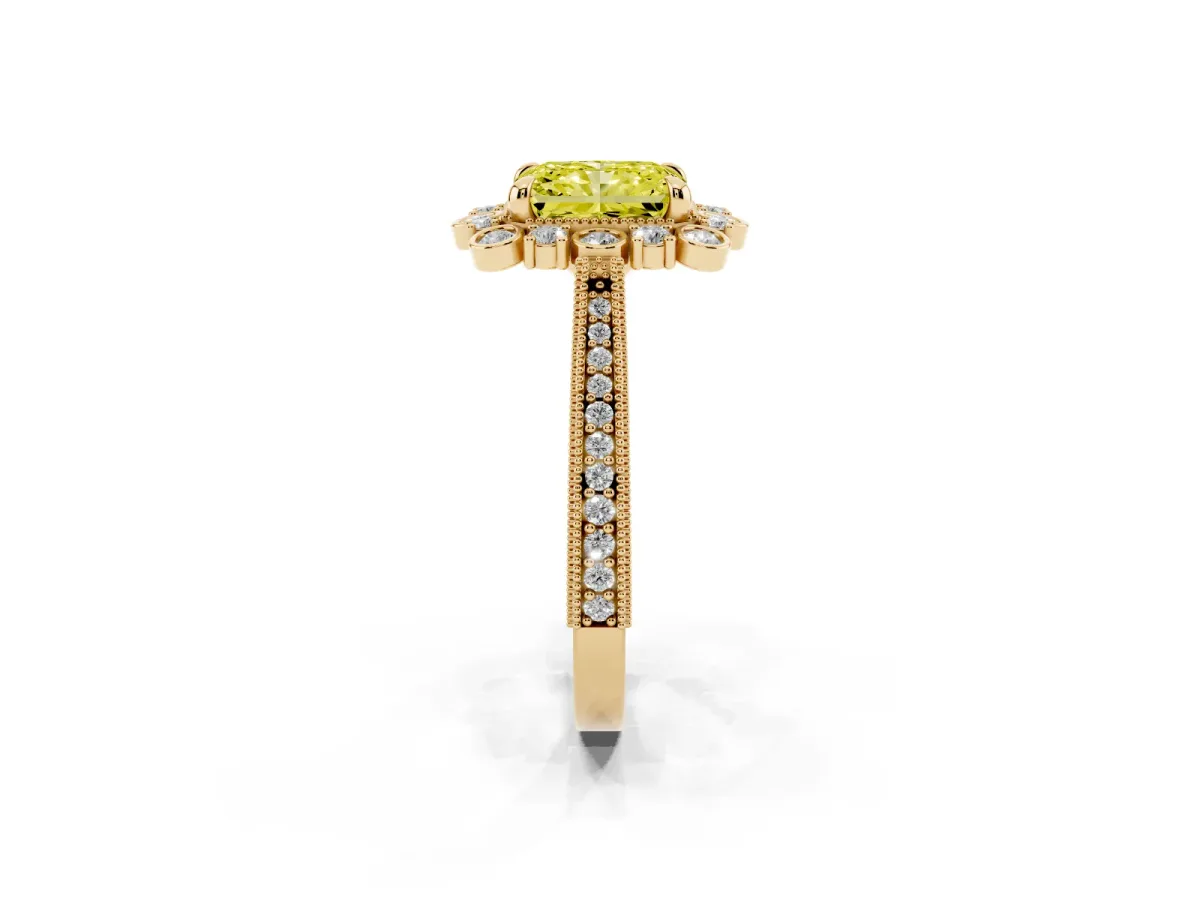 Fancy Yellow Radiant Cut Halo Milgrain Pave Diamond Ring with Four-Prong Setting Yellow gold