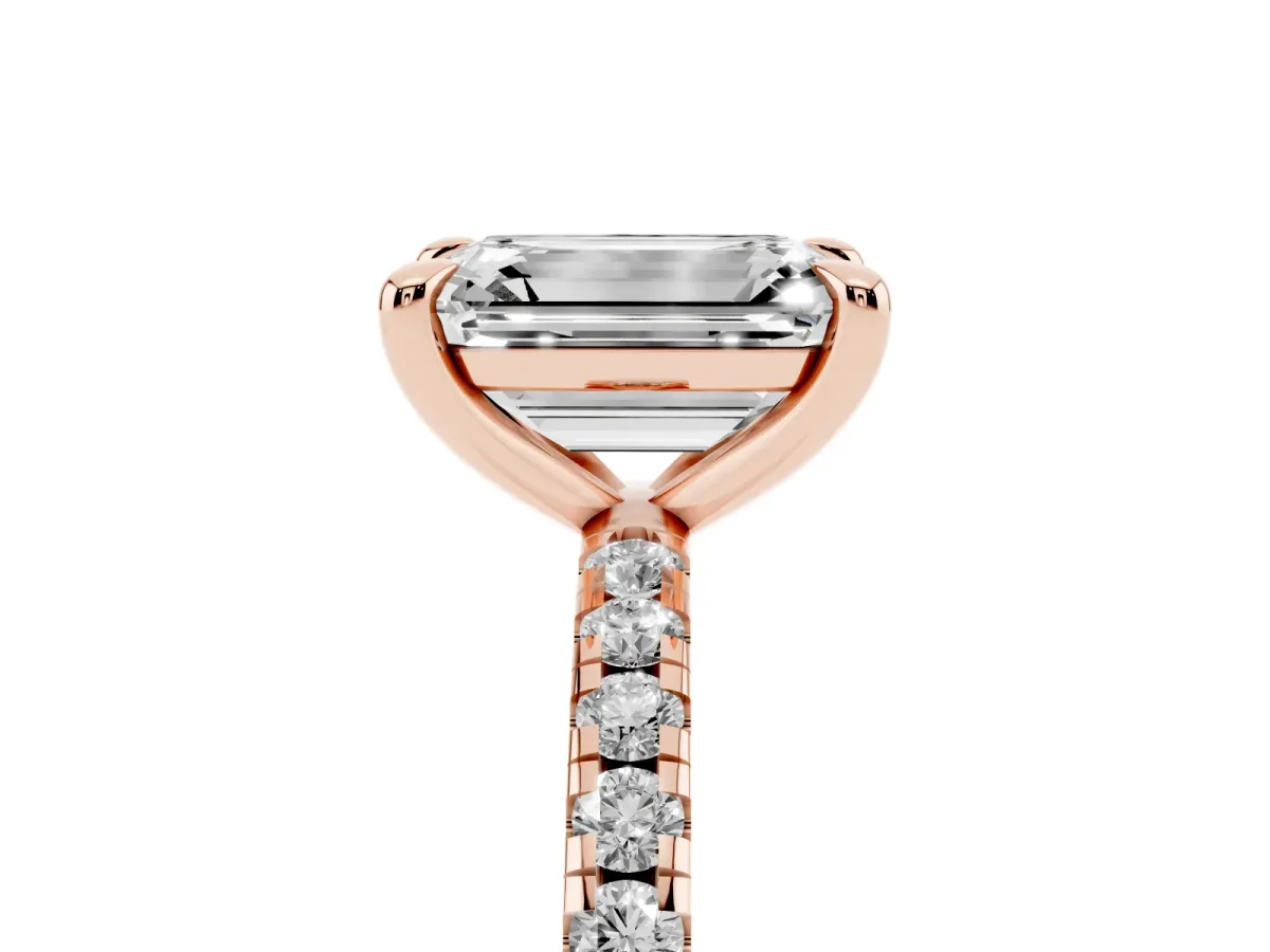 Emerald Cut Diamond Brilliant Solitaire Ring with Pavé Band and Four-Prong Setting Rose gold