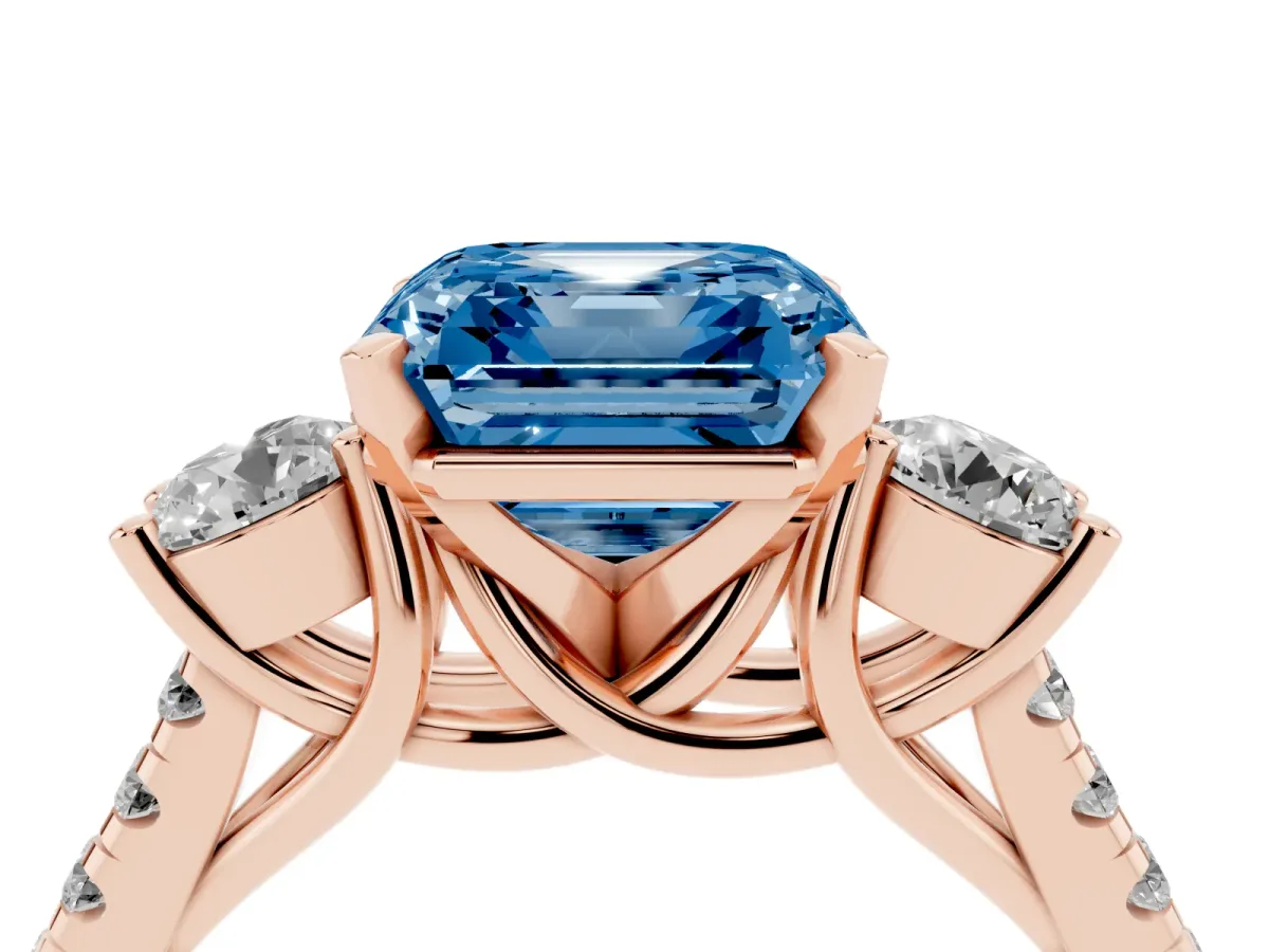 Fancy Blue Three-Stone Asscher Cut Diamond Pavé Band with Four-Prong Setting Rose gold