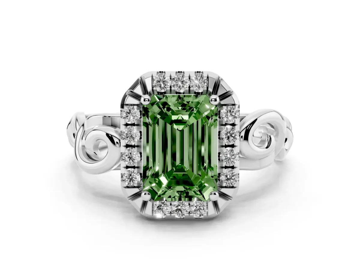 Fancy Green Emerald Cut Cut Halo Diamond Ring with Scrollwork Band and Four-Prong Setting Silver